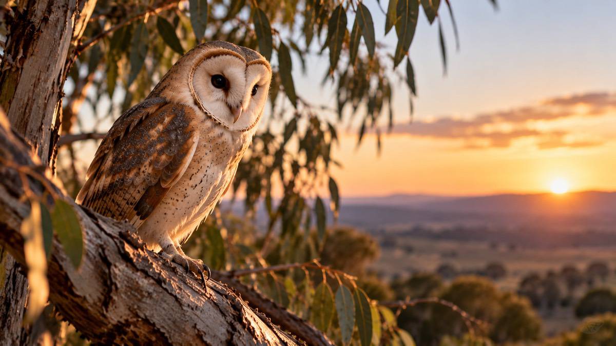 Owl perched in a eucalyptus tree, representing knowledge, experience and judgement